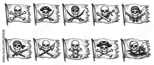 Set of pirate flags showing different skull and crossbones designs, digitally hand-drawn in black and white, for Halloween or pirate-themed designs.