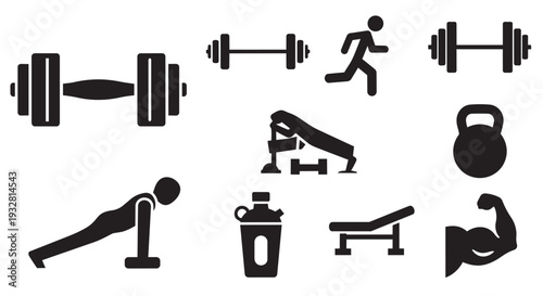 Set of 9 black gym and fitness icons vector