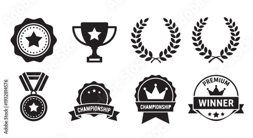 Set of 8 Black and White Award and Achievement Icons Vector