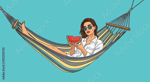 Woman Relaxing in Hammock with Watermelon on Vacation