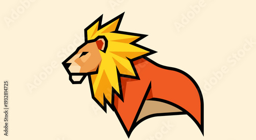 A majestic lion's head illustration showcases its vibrant mane and fierce expression in a graphic portrait.