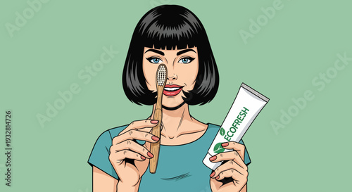 Woman applies makeup with brush and tube of cosmetics in bathroom