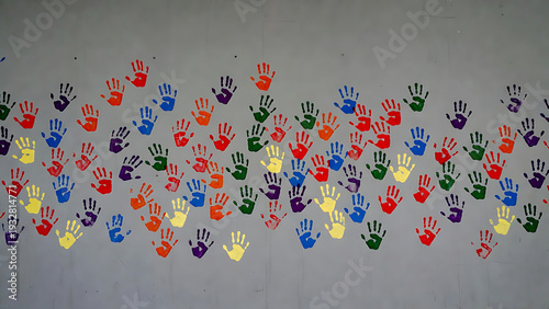 Wallpaper Mural Handprints colorful set on gray background featuring painted, hands, fingers with multicolor and palette elements for art, creative projects, clean Torontodigital.ca