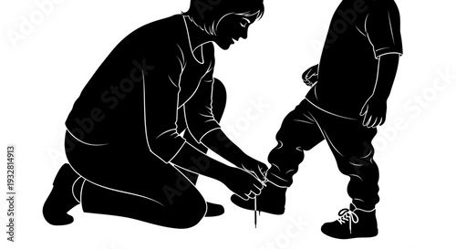 Man tying a childs shoelace tightly.