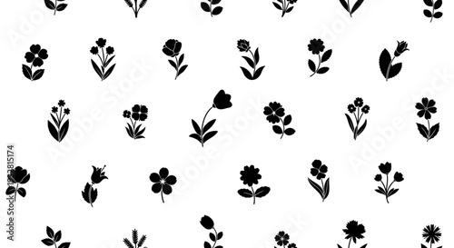 Black flower silhouettes on white background.