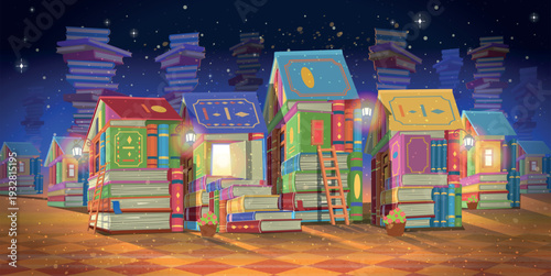 Fantasy city of book houses with warm glowing lights under starry night sky. Online education and imagination concept. Vector illustration.