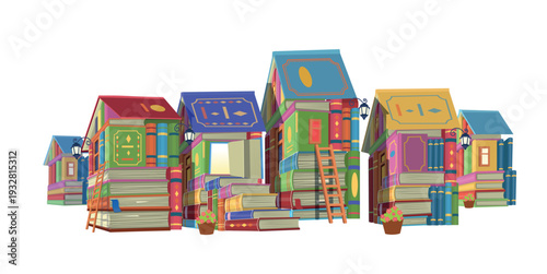 Photography Fantasy houses made of colorful books arranged in a row