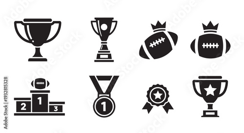 Set of 8 Black and White Sports Trophy and Award Icons Vector