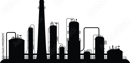 Industrial refinery plant silhouette isolated on white background, oil and gas processing facility for energy production, petrochemical industry infrastructure, vector illustration design