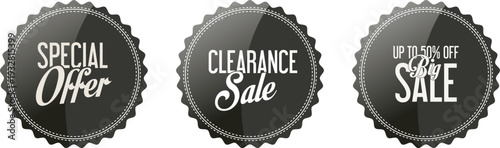 Three black sale stickers on a white background