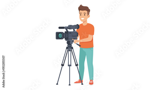 Smiling Cartoon Man Operating Professional Video Camera on Tripod
