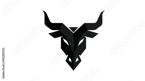 Modern geometric black bull head logo design. Stylized powerful bull or ox symbol with sharp horns, isolated on white background.