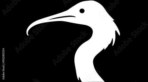 Elegant white silhouette of a wading bird's head and long curved beak on a black background. Minimalist graphic design element.