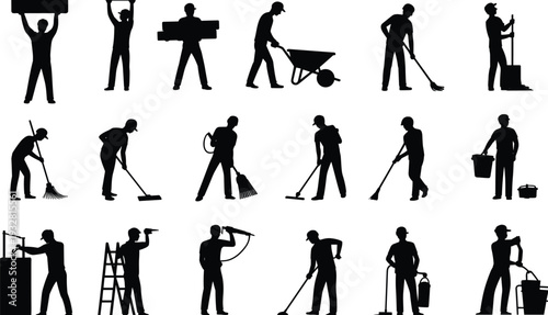 Construction and cleaning worker silhouettes collection, builders janitors with tools equipment in various poses industrial labor vector illustration isolated on white background