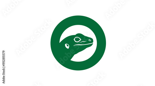 Stylized green lizard head profile in a circular frame, vector graphic illustration for nature and reptile themes.