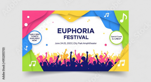 Vibrant euphoria festival flyer with colorful silhouettes and music notes on white background