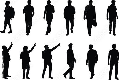 Business people silhouettes collection walking and pointing gestures, professional men corporate characters set, black vector illustration isolated on white background
