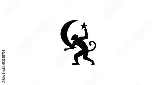 Stylized Monkey Silhouette Holding a Crescent Moon and Star Graphic Design on White Background, Minimalist Illustration