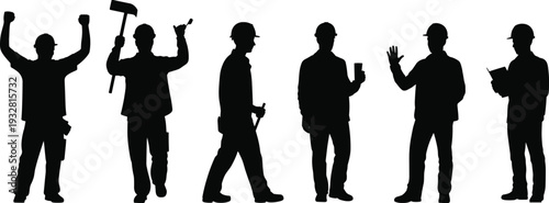 Construction worker silhouettes collection with tools and safety helmets, builder team in different poses industrial labor vector illustration isolated on white background