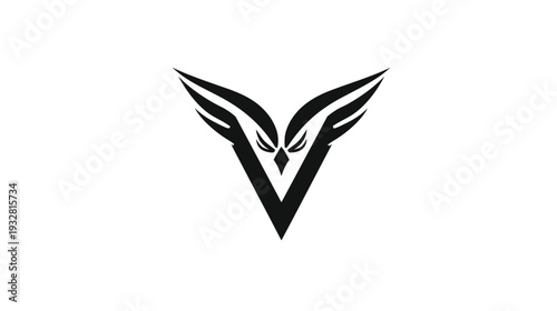 Modern abstract V letter logo with sharp owl eyes and stylized wings, geometric design element for professional emblem concept