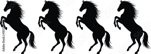 Black rearing horse silhouettes set isolated on white background, powerful equine icon collection for logo design, branding, tattoo, heraldry, vector illustration use advertising posters