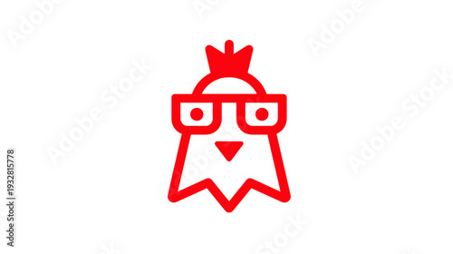 Cute red stylized chicken or bird icon wearing a crown and glasses, a smart cartoon animal mascot illustration on a white background.