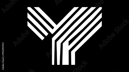 Stylized capital letter Y formed by white parallel lines on a black background, modern geometric graphic design element