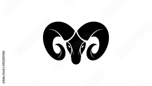 Stylized ram head black silhouette icon with large curved horns, powerful animal symbol for strength, Aries zodiac sign. Vector graphic.
