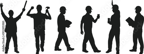 Construction worker silhouettes in various poses, builder team with tools and helmets industrial labor vector illustration isolated on white background