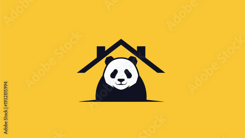 Cute cartoon panda bear under a stylized house roof on a vibrant yellow background, symbolizing home, safety, and security.