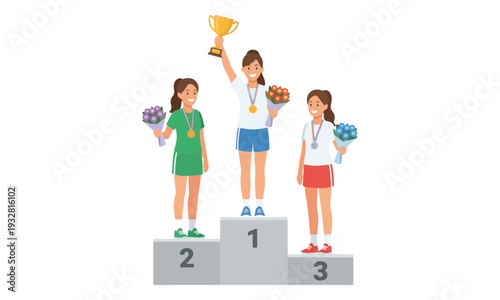 Female Athletes on Winners Podium with Trophy, Medals, and Flowers