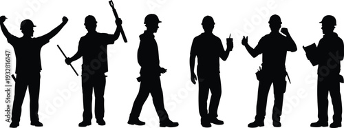 Construction worker silhouettes set with tools and helmets, builder team in various poses industrial labor vector illustration isolated on white background