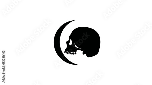 Black Skull Silhouette with Crescent Moon Symbol Vector Illustration on White Background, Gothic Dark Art Graphic