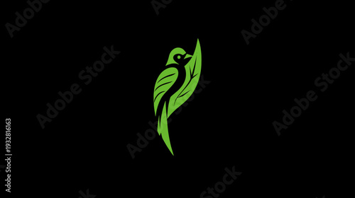 Modern minimalist green bird vector logo with integrated leaf shape on black background. Stylized nature icon, organic design element.