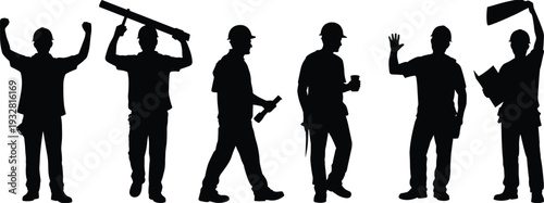 Construction worker silhouettes set with tools and helmets, builder team in different poses industrial labor vector illustration isolated on white background