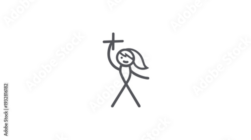 Simple stick figure woman holding a plus sign icon. Concept of addition, positive change, new features, help, or increase.