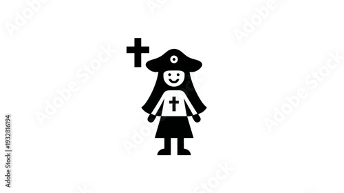 Black silhouette icon of a religious woman with a historical hat and Christian crosses, symbolizing faith and devotion