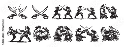 A collection of ink sketch drawings depicting various pirate fight scenes, with pirates wielding swords, pointing guns, and engaging in hand-to-hand combat.