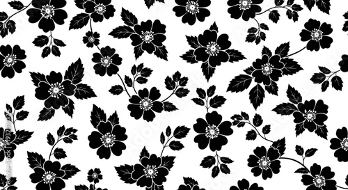 Black flowers on white background pattern.