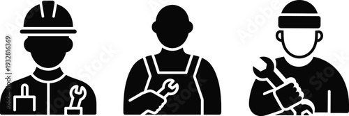 Construction worker silhouettes with tools, engineer builder mechanic icons, industrial labor team vector illustration isolated on white background for business design