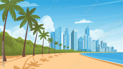A stylized digital illustration of a modern coastal cityscape with a beach (2)_traced