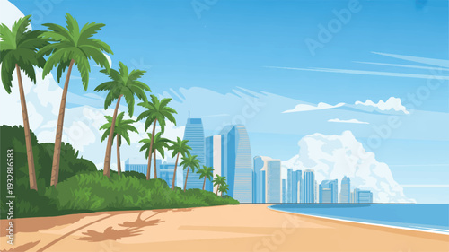 A stylized digital illustration of a modern coastal cityscape with a beach (3)_traced