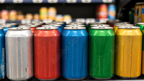 Wallpaper Mural Cans soda collection with colorful packaging and condensation drops on store shelf featuring beverage, drinks, refreshment with aluminum and metal Torontodigital.ca
