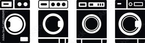 Black washing machine silhouette icon set with front loading laundry appliance designs minimal flat vector illustration isolated on light background for home appliance branding
