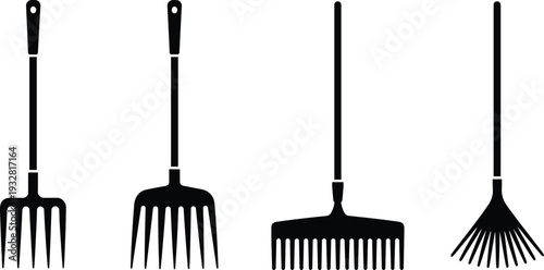 Garden rake and pitchfork silhouettes isolated on white background, farming and gardening hand tools icon set, black vector illustration for agriculture and yard work concept.