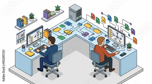 Two men collaboration at a cluttered office desk with computer, showcasing productivity workflow in an isometric illustration