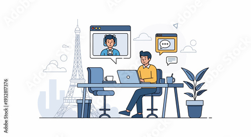 Focused Business Professional Working at Desk with Laptop, Chair, Plant, Mug, and Monitor in Calm Office Setting