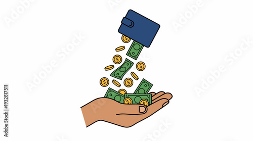 Business Hand Sees Wallet Pouring Money, Coins, and Bills in a Playful Cartoon Setting