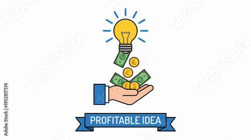 Business Hand Holding Money and Lightbulb Highlights Profitable Idea in Cartoon Illustration
