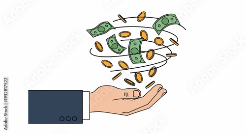 Business hand pulls money and coins upward in dynamic swirl above white backdrop – cartoon illustration of suit success and prosperity